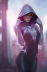 1girls 2020 blonde blonde_hair blue_eyes bodysuit female female_only gwen_stacy hood hoodie jee-hyung_lee marvel marvel_comics png sci-fi science_fiction scifi signature solo solo_female spider-gwen spider-man_(series) tagme tight_clothing tights