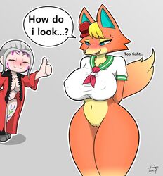 ? absurd_res animal_crossing anthro audie_(animal_crossing) baggy_clothing blush bottomless breasts canid canine canis clothed clothing duo female female/female genitals gesture hi_res mammal navel nintendo nipple_outline pussy school_uniform smile speech_bubble text thumbs_up tight_clothing tight_fit tight_underwear tonytoran uniform video_games villager_(animal_crossing) wolf yuri