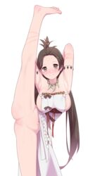 areola_slip areolae armpits arms_behind_head arms_up bare_shoulders barefoot blush body_markings breasts brown_eyes brown_hair censored closed_mouth dress facial_mark fate/grand_order fate_(series) feet female forehead forehead_mark highres himiko_(fate) large_breasts leg_lift leg_up legs long_hair looking_at_viewer magatama magatama_necklace maidforge mosaic_censoring navel no_panties pussy sideboob simple_background smile splits standing standing_on_one_leg topknot twintails vertical_splits white_background white_dress