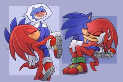 3:2 anthro blue_body blue_fur blush closed_eyes duo echidna eulipotyphlan fur hedgehog hi_res hug kissing kissing_ass knuckles_the_echidna male male/male male_only mammal monotreme red_body red_fur sbork sonic_(series) sonic_the_hedgehog sonic_the_hedgehog_(series) sonknux