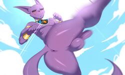 anthro anus ass backsack balls beerus bodily_fluids boner bracelet deity dragon_ball dragon_ball_super erection feline felis fur genitals gold_jewelry hi_res jewelry kick looking_at_viewer male male_only mammal no_nipples nude penis purple_body purple_fur purple_penis seniorseasalt sky smile solo sweat tail