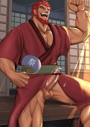 1boy architecture bar_censor bara beard boner censored chest cum east_asian_architecture ejaculation erection facial_hair fan fate/grand_order fate/zero fate_(series) feet_out_of_frame flexing highres iskandar_(fate) japanese_clothes kimono male_focus male_only male_pubic_hair muscle oirusupu open_clothes open_kimono open_mouth paper_fan penis pose pubic_hair red_eyes red_hair red_kimono short_hair solo testicles thick_eyebrows thick_thighs thighs wooden_floor