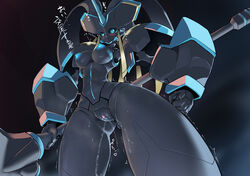 bodily_fluids breasts censored darling_in_the_franxx ejaculation female genital_fluids genitals heart humanoid japanese_text low-angle_view machine melee_weapon pinup pochincoff polearm pose pussy pussy_ejaculation pussy_juice robot robot_humanoid simple_background solo spear strelizia studio_trigger text weapon worm's-eye_view