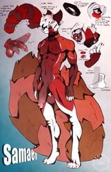 ailurid anthro athletic athletic_anthro athletic_male balls big_penis big_tail claws collar digitigrade ears_back feet genitals glans hair hi_res kiwa_flowcat lips male mammal model_sheet nails nipples penis pivoted_ears plantigrade red_eyes red_panda samael_(kiwa_biscuitcat) simple_background solo solo_male teeth text vein veiny_balls veiny_penis white_hair