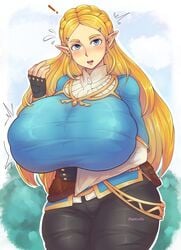 1girls alternate_breast_size big_breasts blonde_hair blush breasts breasts_bigger_than_head breath_of_the_wild clothed clothed_female female fully_clothed gigantic_breasts golden_hair huge_breasts hylian large_breasts long_hair nintendo nipple_bulge open_mouth pinkkoffin princess_zelda solo solo_female the_legend_of_zelda thick thick_thighs top_heavy vagina_visible_through_clothing very_long_hair zelda_(breath_of_the_wild)