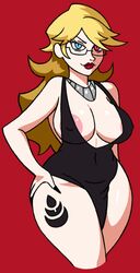 areolae big_breasts black_nails blonde_hair breasts glasses hand_on_hip heterochromia lipstick louis_cyphre lucifer lucifer_(megami_tensei) megami_tensei necklace no_bra painted_nails shin_megami_tensei shin_megami_tensei:_imagine smile st._louis tattoo wide_hips