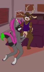 anthro antlers bed bedroom bottomless cervid chastity_cage chastity_device clothed clothing colored_nails crop_top crouching duo ear_piercing ethan_bedlam furniture girly green_hair hair hi_res hirokitty horn keyholder male male/male mammal mohawk nails nude paws piercing pink_hair procyonid punk raccoon rainbow shirt tara_voxis teenager text topwear young