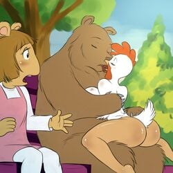 anthro arthur_(series) ass beak bear bird brown_bear chicken chochi closed_eyes d.w._read ear furry kissing on_lap shocked straight tail thighs