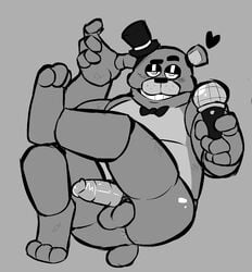 animatronic anthro anus ass balls bedroom_eyes clothing crossed_legs five_nights_at_freddy's freddy_(fnaf) genitals hat headgear headwear hi_res looking_at_viewer machine male male_only mammal microphone monochrome narrowed_eyes penis robot seductive smile smirk solo solo_male stubby_tail top_hat torquewintress ursid video_games