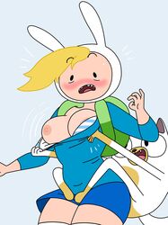 2girls adventure_time areolae assisted_exposure backpack bag blonde_hair blush bra bra_pull breasts bunny_ears cake_the_cat cartoon_network drpizzaboi1 embarrassed embarrassed_nude_female enf exposed exposed_breasts female female_only fionna_the_human_girl forced_exposure genderswap human nipples one_breast_out open_mouth plain_background shirt_down shirt_pull skirt surprised thighhighs