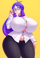 1girls adjusting_eyewear barely_contained black_legwear blouse blue_eyes blush blushing breasts breasts_bigger_than_head bursting_breasts closed_mouth commission cowboy_shot curvy dotil female female_only female_solo glasses highres hourglass_figure huge_breasts leggings long_hair long_sleeves navel original purple_hair simple_background smile smiling solo solo_female thick_thighs thighs tight_clothing white_blouse wide_hips yellow_background