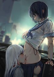 2girls blue_eyes blue_hair blush bob_cut city cunnilingus cybernetics drooling excessive_pussy_juice eye_contact female_only flat_chest half-closed_eyes iuui licking licking_pussy light-skinned_female light_skin long_hair looking_at_partner looking_pleasured looking_up multiple_girls navel open_mouth original outdoors pleasure_face pleated_skirt pussy pussy_juice pussy_juice_drip pussy_juice_trail saliva saliva_string scar school_uniform serafuku shirt shirt_lift short_hair skirt skirt_down skirt_pull small_breasts tears tongue tongue_out uncensored westking wet_pussy white_hair white_skin wrist_cuffs yuri