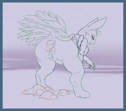 2016 anthro anus ass avian bent_over big_butt bird blush feathered_wings feathers feces female fur galliform genitals hybrid lagomorph looking_at_viewer looking_back mammal messy nude peafowl phasianid presenting pussy raised_tail scat scat sketch skvader smile solo starman_deluxe text wings