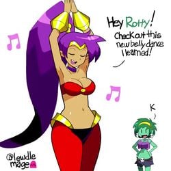 2girls animated bouncing_breasts breasts dancing dr-worm female female_only huge_belly lewdlemage no_sound partially_clothed pregnant rapid_pregnancy ready_to_pop rottytops shantae shantae_(character) speech_bubble spontaneous_pregnancy text video wayforward