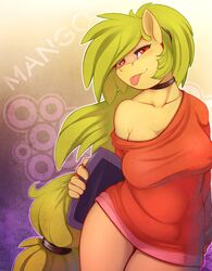 1girls 2014 anthro big_breasts blush borrowed_character bottomless choker drawing_tablet equine female female_only freckles friendship_is_magic green_hair long_hair mango_(character) my_little_pony original_character oversized_shirt pony ponytail red_eyes scappo solo solo_female tongue tongue_out yellow_skin