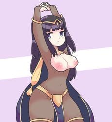 1girls arms_above_head big_breasts black_hair blue_eyes blush blush_stickers bodystocking breasts breasts_out fire_emblem fire_emblem_awakening hourglass_figure long_hair looking_at_viewer nintendo nipples onigiri_punch pelvic_curtain purple_hair solo solo_female stretching tharja_(fire_emblem)