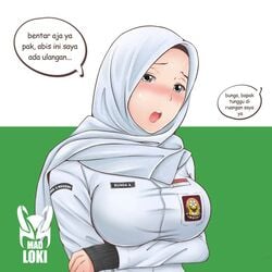 badge big_breasts dialogue hijab madloki nametag shy student tight_clothing tight_fit translation_request