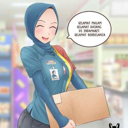 1girls blurry_background bra closed_eyes convenience_store dialogue_bubble happy hijab holding_box madloki nametag open_shirt supermarket tight_clothing translation_request