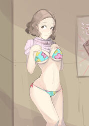 1girls 9_9bird atlus bikini bra brown_hair haru_okumura panties persona persona_5 shirt_lift solo underwear