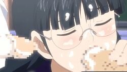 animated blush censored clothing cum cum_in_mouth double_blowjob double_handjob glasses handjob kurata_nao large_breasts licking licking_penis love_selection oral_sex panties penis_lick