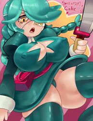 annie_(skullgirls) bursting_breasts eyepatch green_hair lab_zero_games pouch shortstack sinamoncake1 skullgirls sword thick_thighs tight_fit twintails video_games yellow_eyes