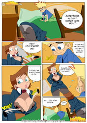 areolae_slip ass_up bedroom business_suit cartoon_network cleavage crawling detailed_background dialogue female johnny_test johnny_test_(series) lila_test male milftoon pantyhose red_shoes short_skirt speech_bubble