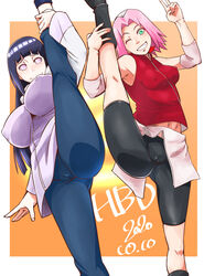 2girls alternate_breast_size big_breasts bike_shorts cameltoe erect_nipples erect_nipples_under_clothes female female_only holding_leg huge_breasts hyuuga_hinata large_breasts leg_up long_hair medium_breasts multiple_girls naruto naruto_shippuden one_leg_up sakura_haruno sunahara_wataru sweatpants tagme take_your_pick