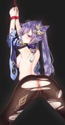 anus arms_up artist_name ass back backboob bare_back black_legwear bondage bound breasts cameltoe female flower from_behind genshin_impact goyain hair_flower hair_ornament half-closed_eyes highres imminent_anal imminent_rape imminent_sex keqing_(genshin_impact) looking_back pantyhose purple_eyes purple_hair restrained solo tied_up topless torn_clothes torn_legwear twintails uncensored