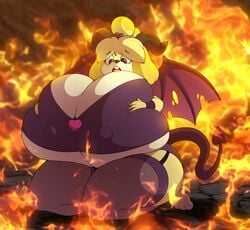 animal_crossing bat_wings big_hips black_eyes blonde_hair breasts breasts breasts canine canine cleavage devil_tail fire heart hips horns isabelle_(animal_crossing) large_breasts nintendo nipple_bulge sitting_down stunnerpony succubus thick_thighs thighs worried