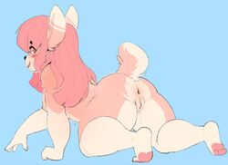 anthro anus ass blush crawling female female_focus fur furry furry_only genitals hair looking_at_viewer looking_back mammal naked nude pink_body pink_fur pink_hair pussy raised_tail rear_view solo solo_female solo_focus supertrashparty tail thick_thighs