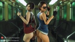 2girls 3d 3d_(artwork) ada_wong ada_wong_(adriana) adjusting_eyewear adjusting_glasses asian ass athletic athletic_female aviator_sunglasses back_to_back bob_cut bottomless brown_hair bubble_butt capcom casual eyewear female female_only firearm gun handgun hourglass_figure human jill_valentine jill_valentine_(sasha_zotova) looking_at_viewer looking_over_eyewear looking_over_glasses no_panties pale_skin pinup pinup_pose pistol public public_nudity resident_evil resident_evil_2 resident_evil_2_remake resident_evil_3 resident_evil_3_remake revolver subway sunglasses thighhighs tinted_eyewear tomoganim weapon wide_hips