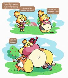 animal_crossing anthro apple beau_(animal_crossing) belly big_belly big_breasts blonde_hair breasts canine cherry_(animal_crossing) deer fat fat_thighs female force_feeding furry hips immobile isabelle_(animal_crossing) large_hips lifting marshal_(animal_crossing) nintendo no_pants obese skirt squirrel stallon struggling thick_thighs thighs trees weight_gain worried