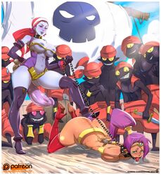 2girls 6+boys ball_gag blue_skin bondage chain_leash defeated dildo_sword female femdom humiliation kamina1978 male multiple_boys multiple_girls restrained risky_boots shantae shantae_(character) smooth_skin