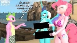 3d_(artwork) absurd_res anthro beach bikini censor_bar clothing digital_media_(artwork) dragon earth_pony equid equine friendship_is_magic gradiusfanatic hasbro hi_res horse mammal my_little_pony pinkie_pie_(mlp) pony princess_ember_(mlp) seaside smooth_skin source_filmmaker spike_(mlp) swimwear