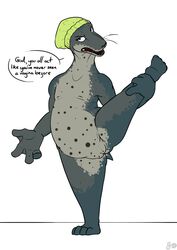 anthro beanie clothing dialogue english_text female fizzpop genitals hat headgear headwear hi_res leopard_seal mammal marine membrane_(anatomy) nude on_one_leg pinniped pussy raised_leg seal simple_background solo splits spread_legs spreading standing talking_to_viewer text vertical_splits webbed_hands whiskers