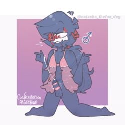 1boy argentina argentine_confederation_(countryhumans) biting_lip blue_body blue_hair blue_skin countryhumans crossdressing flower gay kinky_naty lenceria long_hair male on_knees orgasm orgasm_face pink_bra red_eyes solo uncensored