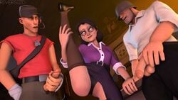 1girls 2boys 3d ass ass_visible_through_thighs black_hair eyewear glasses hat helmet miss_pauling penis riversizd scout soldier_(team_fortress_2) source_filmmaker team_fortress_2 valve