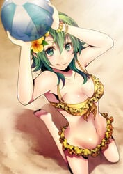 1girls arms_up ball beach bikini breasts cleavage female flower_in_hair frills green_hair licking_lips looking_at_viewer medium_breasts megpoid_gumi short_hair smile solo swimsuit viewed_from_above vocaloid