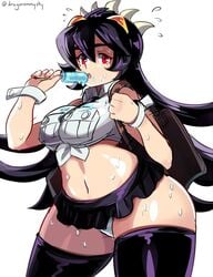 1girls artist_name big_breasts black_hair cropped_legs dragonsinmysky dripping dripping_popsicle female filia_(skullgirls) long_hair looking_at_viewer melting_popsicle midriff miniskirt navel panties pantyshot popsicle red_eyes samson_(skullgirls) skullgirls sweat tagme thick_thighs thighhighs tied_shirt white_shirt wide_hips