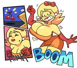 1girls bow breast_expansion breasts cleavage clothing dress female female_only huge_breasts humanized lipstick ms._pac-man namco pac-man_(series) solo solo_female superspoe transformation