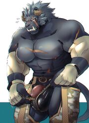 anthro belt black_body black_fur blush camo clothing felid fingerless_gloves fur genitals gloves grey_hair hair handwear hi_res horn k0bit0wani krampus_(tokyo_afterschool_summoners) lion male male_only mammal muscular muscular_anthro muscular_male nipples pantherine pecs penis scar solo tokyo_afterschool_summoners video_games zipper