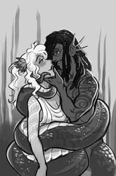 1boy 1girls black_hair blonde_hair cairn_(scalesandspirals) coiling dark-skinned_male dark_skin dreadlocks dress eye_contact facial_markings freckles hair_flower hand_on_another's_head highres hypnotic_eyes mind_control monochrome naga narrowed_eyes scalesandspirals snake tattoo