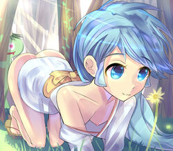 1girls 2011 :3 blue_eyes blue_hair bottomless breasts casual_nudity cute daito2 dororon_enma-kun down_blouse female flower hair_ornament heart-shaped_pupils japanese_clothes kimono long_hair nature nipples no_bra no_panties on_knees princess sandals skull_hair_ornament small_breasts smile voyeur yuki_onna yukiko_hime