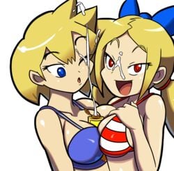 2girls bikini bikini_top blonde_hair blue_eyes bow breast_press breasts cleavage facial females_only hairbow long_hair lotion lotion_bottle low_twintails multiple_girls one_eye_closed open_mouth red_eye red_eyes sexually_suggestive shantae shantae_and_the_pirate's_curse short_hair slow_anon smile smooth_skin suggestive_fluid swimsuit symmetrical_docking transparent_background twintails twitch_(shantae) vinegar_(shantae) wayforward