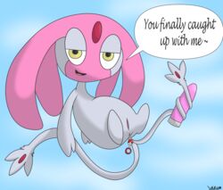 anthro floating holding_object mesprit pokémon_(species) pokemon pussy sex_toy simple_background sky tail text text_bubble vagina varium vibrator