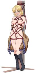 blonde_hair blush bondage bound bound_to_pole breasts eyebrows_visible_through_hair female full_body green_eyes highres kneehighs large_breasts looking_to_the_side mizuhashi_parsee navel nipples nude ootsuki_wataru pointy_ears short_hair simple_background solo standing touhou white_background