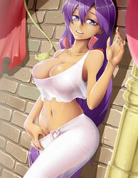 against_wall alternate_costume areola_slip areolae blue_eyes breasts bursting_breasts cleavage clothes_pull collarbone crop_top dark_skin female_only hair_between_eyes hand_in_pants large_breasts legs long_hair looking_at_viewer materclaws midriff navel nipple_slip nipples no_bra no_panties pajamas pants pants_pull parted_lips pointy_ears purple_hair see-through shantae shantae_(character) skindentation smooth_skin solo stomach thighs very_long_hair white_pants