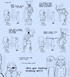 1boy 2girls breasts clothed clothing comedy comic comic_(under(her)tail) english_text erection fan_character female frisk frisky_(under(her)tail) funny high_heels humor male papyrus sans skeleton sketch tempus_(under(her)tail) text thewill under(her)tail undertale undertale_fanfiction