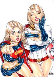 2girls big_breasts blonde_hair blue_eyes breast_envy breast_grab breast_squeeze breasts dc dc_comics ed_benes_studio female female_kryptonian female_only fred_benes grope kara_danvers kara_zor-el kara_zor-l karen_starr kryptonian large_breasts leotard midriff miniskirt nail_polish pink_nail_polish pink_nails pointing_at_viewer power_girl skirt smile smiling supergirl superman_(series) touching_breast waving