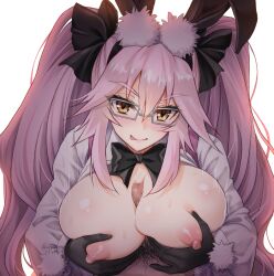 animal_ear_fluff animal_ears backlighting bangs black_bow black_gloves blush bow breast_hold breasts breasts_out collared_shirt dress_shirt fate/grand_order fate_(series) female glasses gloves hair_between_eyes hairbow highres koyanskaya_(assassin) koyanskaya_(assassin_second_ascension) koyanskaya_(fate) large_breasts long_hair long_sleeves looking_at_viewer male_pubic_hair nipples open_clothes open_shirt pink_hair pubic_hair rabbit_ears shirt sidelocks smile tongue tongue_out twintails white_background white_shirt yellow_eyes youshuu